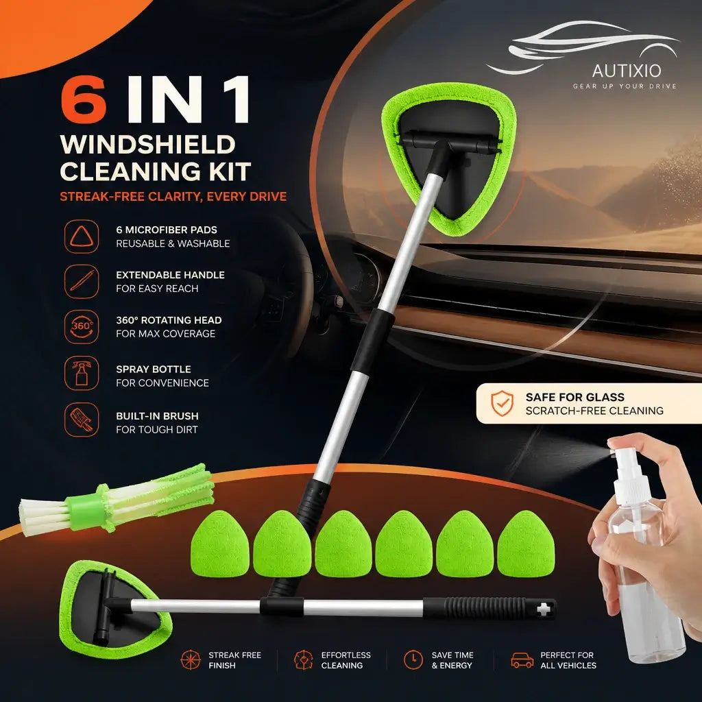Autixio 6-in-1 windshield cleaning kit with extendable handle, 6 microfiber pads, spray bottle, and vent brush for streak-free clarity