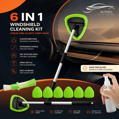 Autixio 6-in-1 windshield cleaning kit with extendable handle, 6 microfiber pads, spray bottle, and vent brush for streak-free clarity