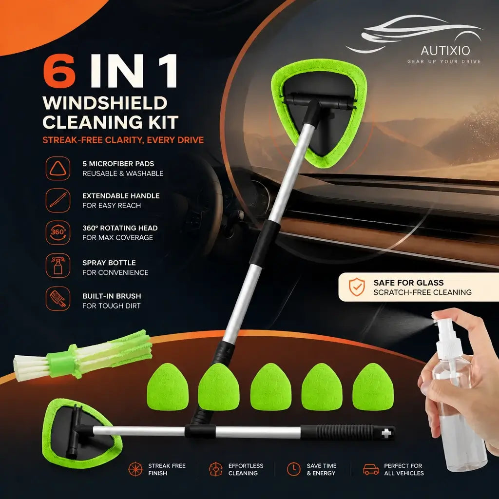 Autixio 6-in-1 windshield cleaning kit with extendable handle, 6 microfiber pads, spray bottle, and vent brush for streak-free clarity