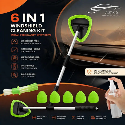 Autixio 6-in-1 windshield cleaning kit with extendable handle, 6 microfiber pads, spray bottle, and vent brush for streak-free clarity