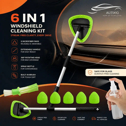 Autixio 6-in-1 windshield cleaning kit with extendable handle, 6 microfiber pads, spray bottle, and vent brush for streak-free clarity