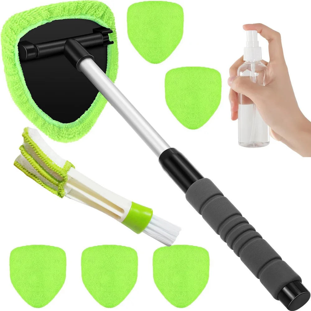 9-piece car windshield cleaning kit full set – extendable handle, 6 green microfiber pads, vent brush, and spray bottle