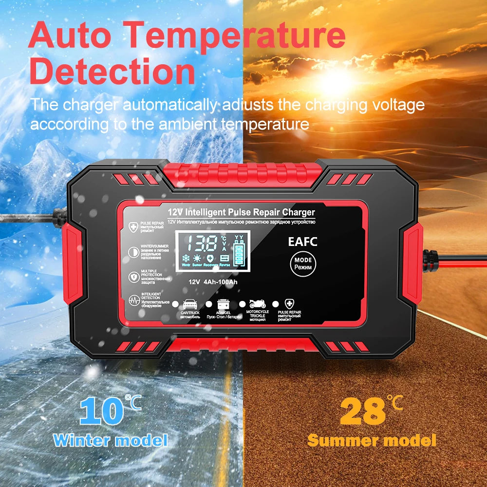 12V Car Battery Charger – Smart LCD Pulse Repair for Lead-Acid