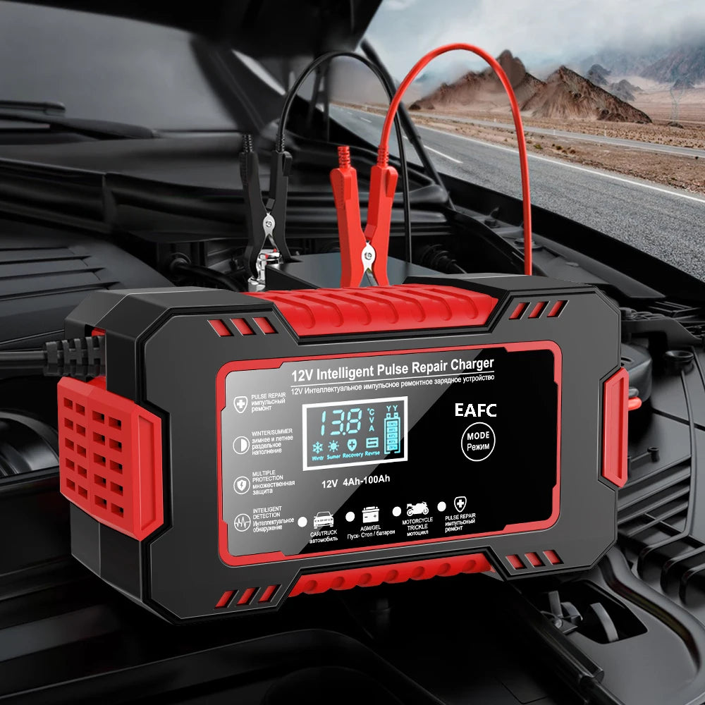 12V Car Battery Charger – Smart LCD Pulse Repair for Lead-Acid