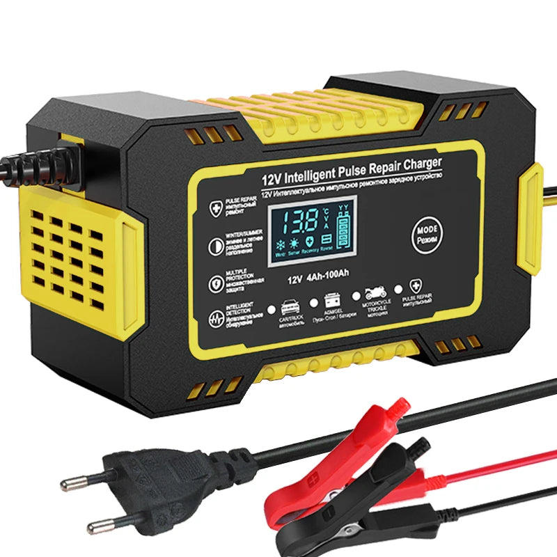 12V Car Battery Charger – Smart LCD Pulse Repair for Lead-Acid