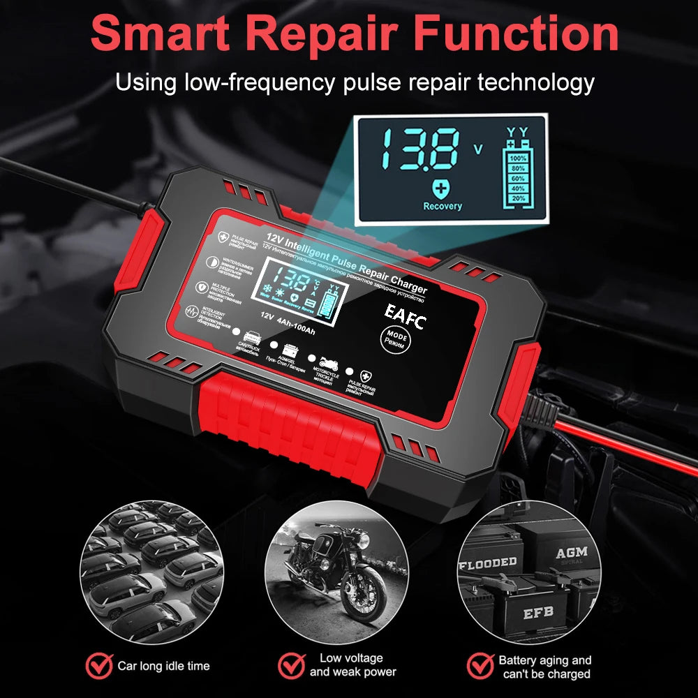 12V Car Battery Charger – Smart LCD Pulse Repair for Lead-Acid