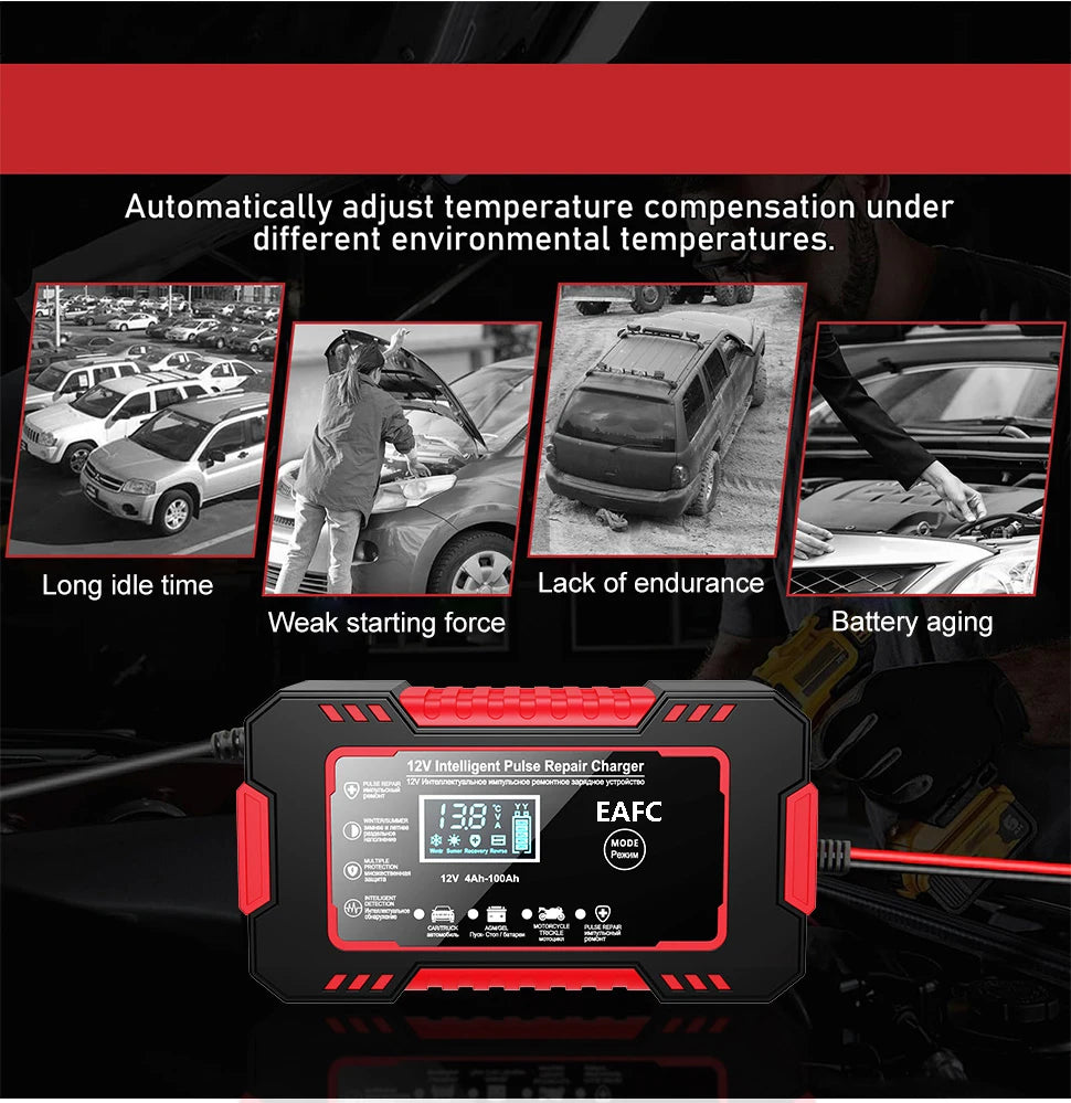 12V Car Battery Charger – Smart LCD Pulse Repair for Lead-Acid