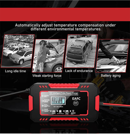 12V Car Battery Charger – Smart LCD Pulse Repair for Lead-Acid