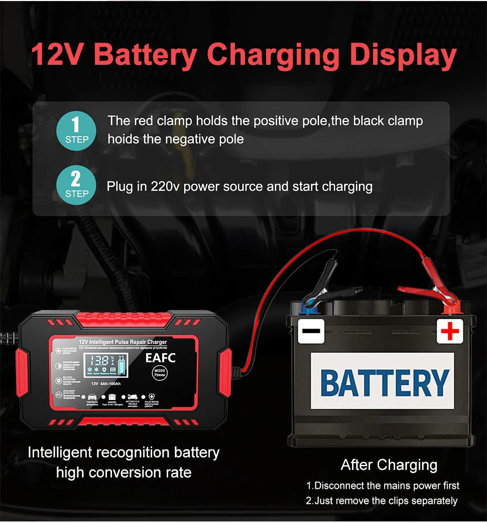 12V Car Battery Charger – Smart LCD Pulse Repair for Lead-Acid