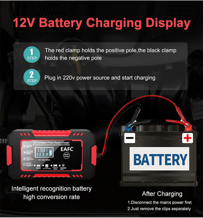 12V Car Battery Charger – Smart LCD Pulse Repair for Lead-Acid
