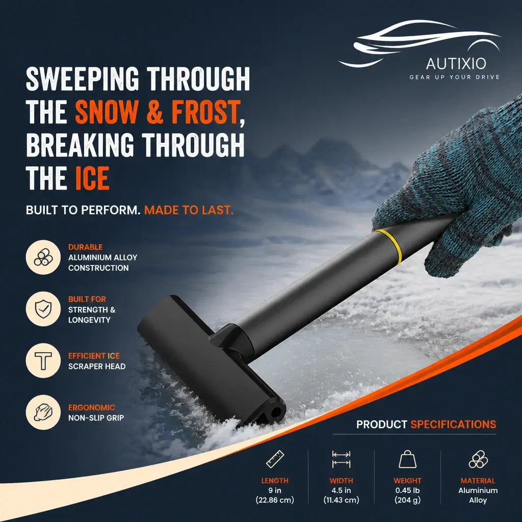 Gloved hand using durable aluminum alloy ice scraper to break through ice – 9 inch length, 4.5 inch wide blade, 0.45 lb, efficient scraper head, ergonomic non-slip grip