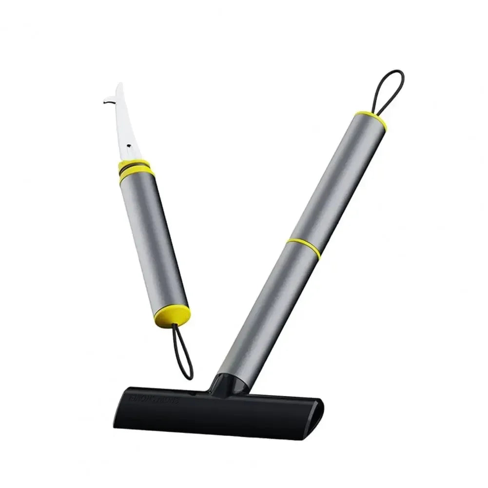 Durable aluminum car ice scraper product photo – silver tube handle with yellow accent ring, showing precision ice-pick tip and wide black scraper blade on white background