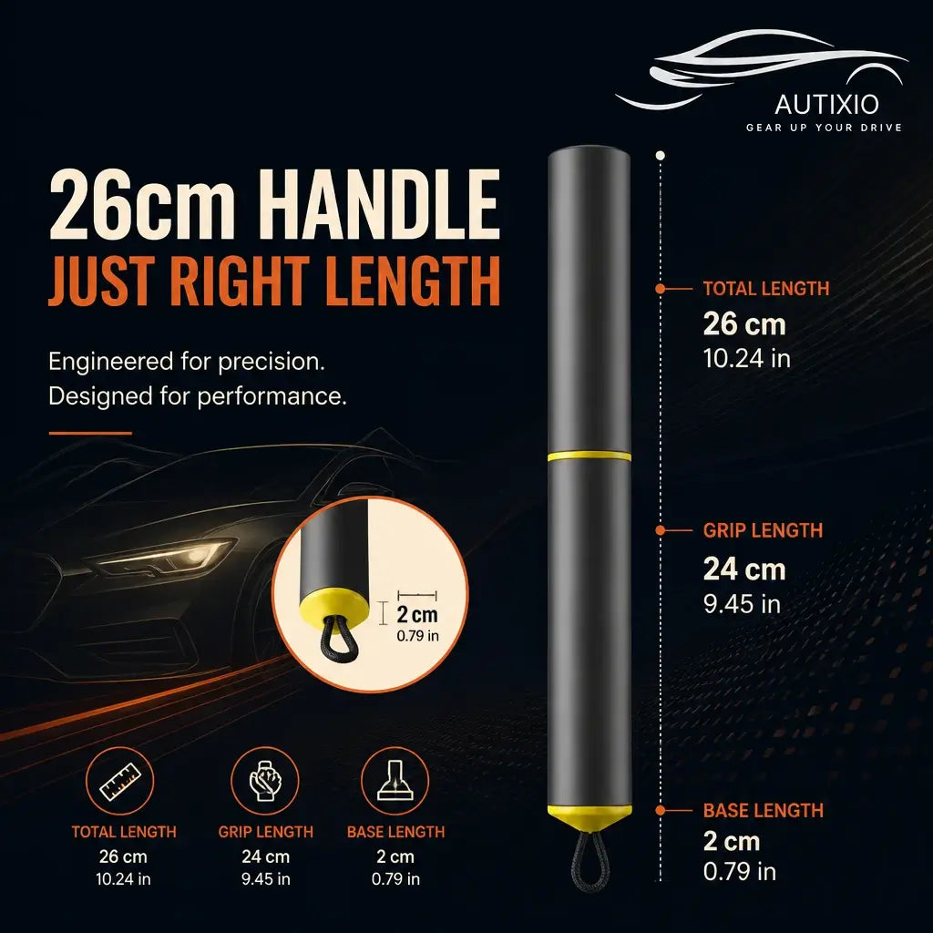 Compact aluminum ice scraper handle dimensions – 26 cm total length, 24 cm grip length, 2 cm base with wrist lanyard loop and yellow accent ring