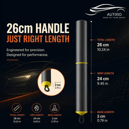 Compact aluminum ice scraper handle dimensions – 26 cm total length, 24 cm grip length, 2 cm base with wrist lanyard loop and yellow accent ring