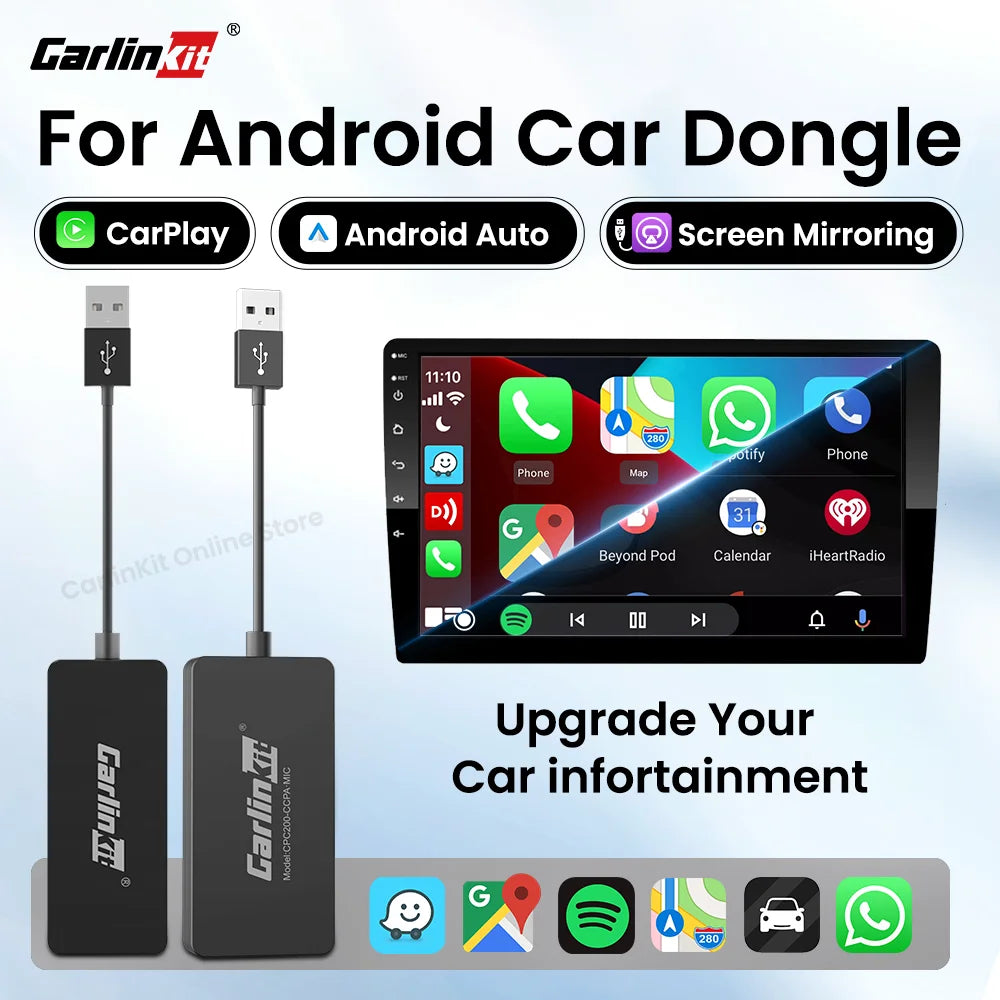 Carlinkit Android car dongle showcasing CarPlay, Android Auto, and screen mirroring with infotainment apps