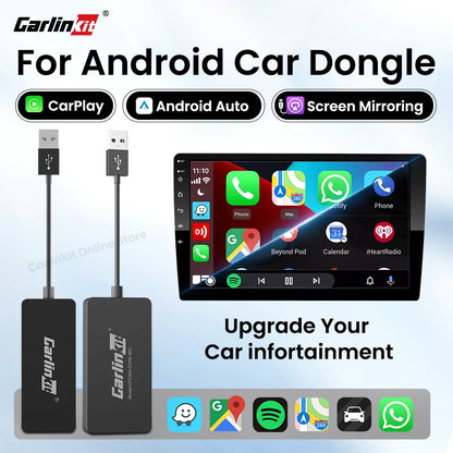Carlinkit Android car dongle showcasing CarPlay, Android Auto, and screen mirroring with infotainment apps