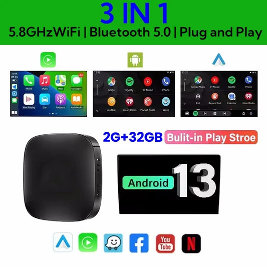Android 13 CarPlay smart box with 2G RAM and 32GB storage, 5.8GHz WiFi, Bluetooth 5.0, and built-in Play Store for car infotainment