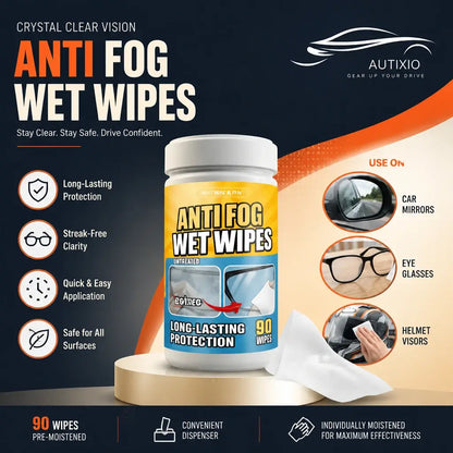 Anti-fog wet wipes for car mirrors, eyeglasses and helmet visors – streak-free formula 90 wipes