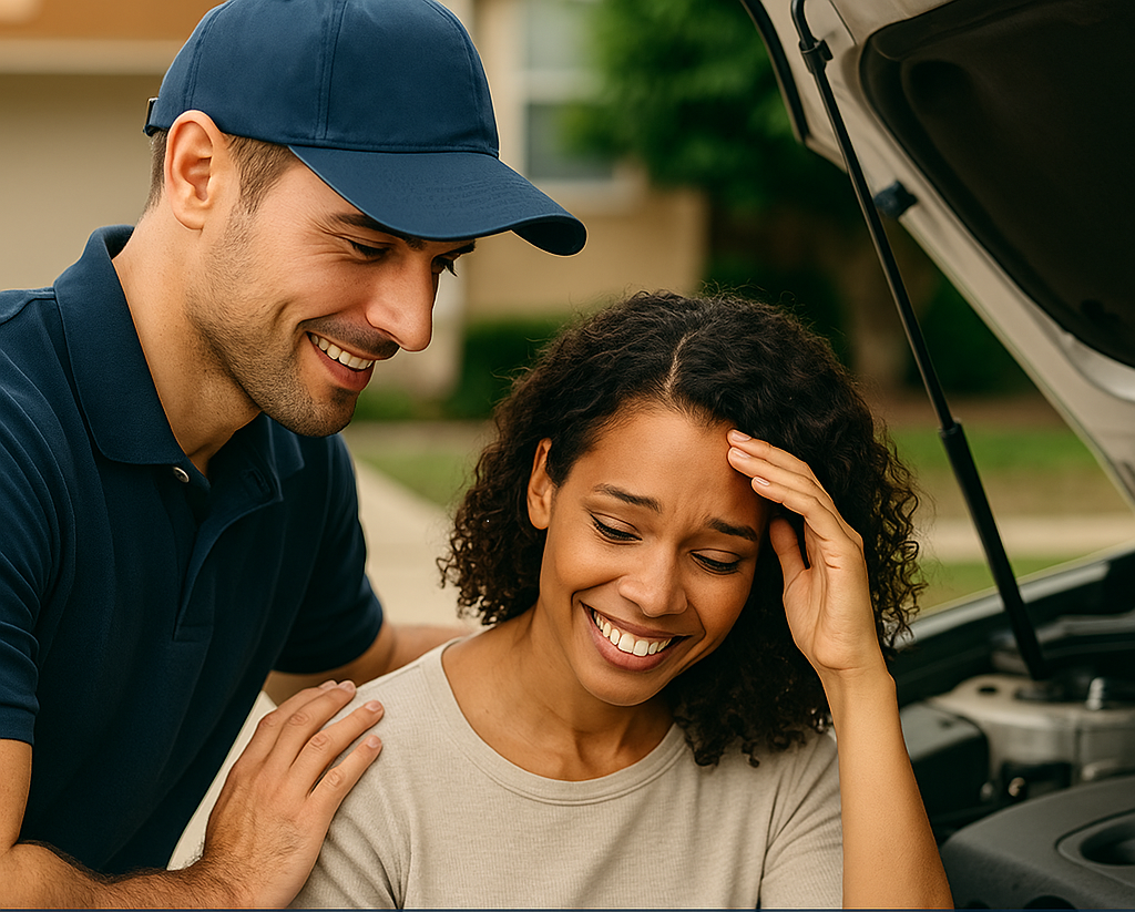 Helpful car expert reassuring a customer during a stress-free upgrade experience