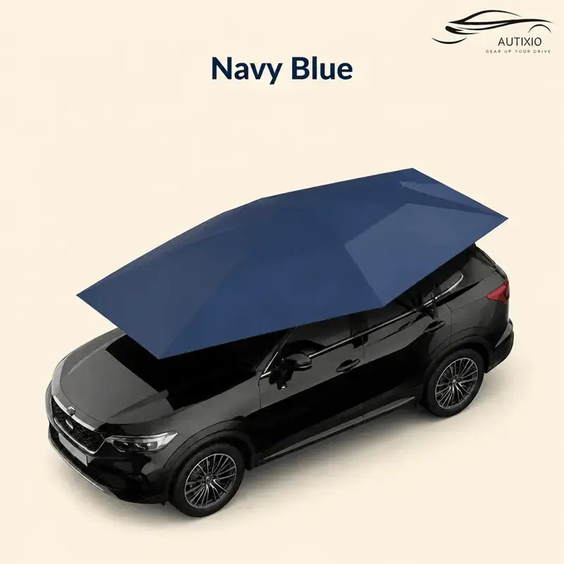 Automatic car umbrella navy blue color variant fully deployed on black SUV aerial view showing complete roof coverage