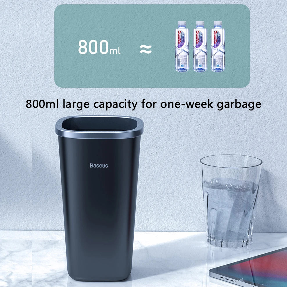 Baseus car trash bin with 800ml capacity shown next to water bottles for one-week garbage reference