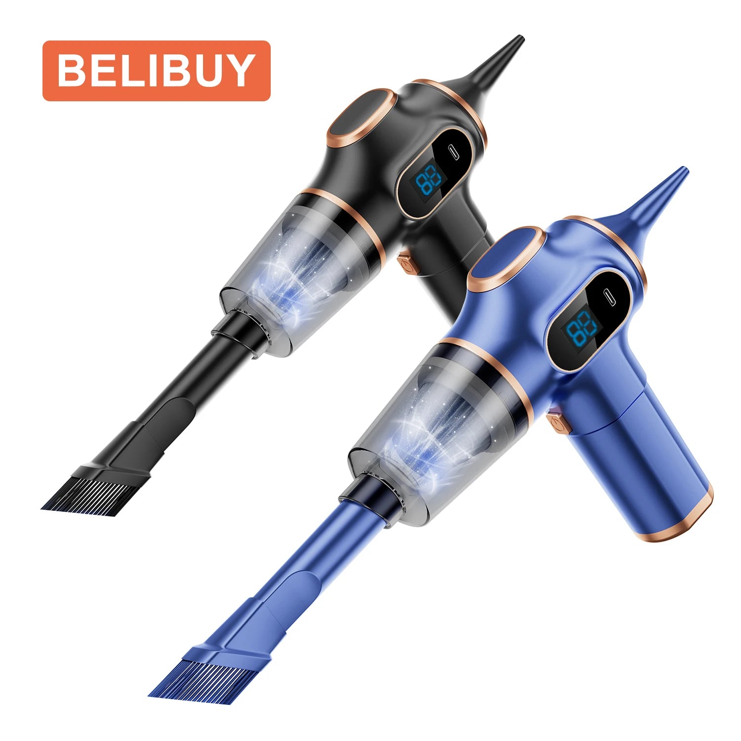 Full BELIBUY vacuum cleaner kit with nozzles, filter, USB charger, and brushes