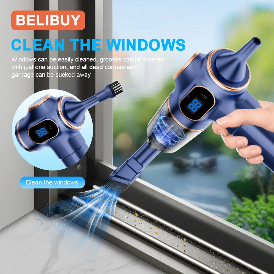 Close-up of USB charging port and ergonomic grip on BELIBUY wireless vacuum
