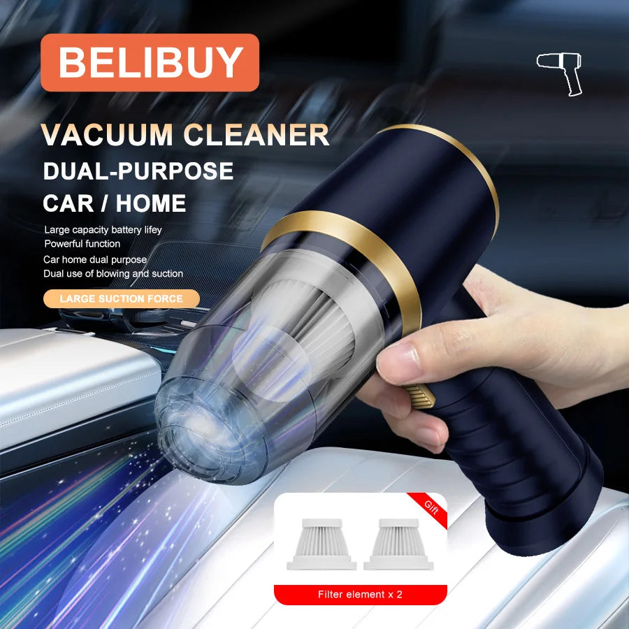 BELIBUY handheld vacuum in use on car seat and air vent for deep cleaning