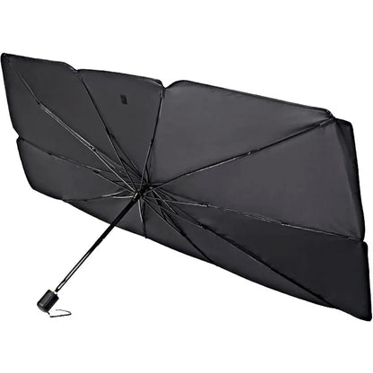 Black foldable windshield sunshade shown from rear side highlighting frame structure and umbrella-style design