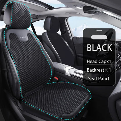 Black ice silk car seat cover set with headrest, backrest, and seat pad for breathable front cushion support
