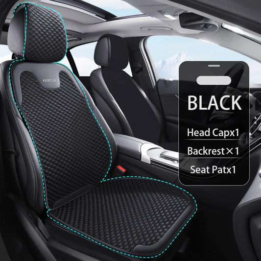 Black ice silk car seat cover set with headrest, backrest, and seat pad for breathable front cushion support