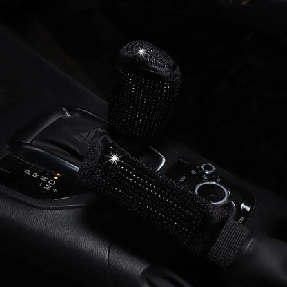 Black bling diamond rhinestone handbrake and gear shift cover 2pc set installed on car center console showing sparkling crystal finish on both gear knob and handbrake covers