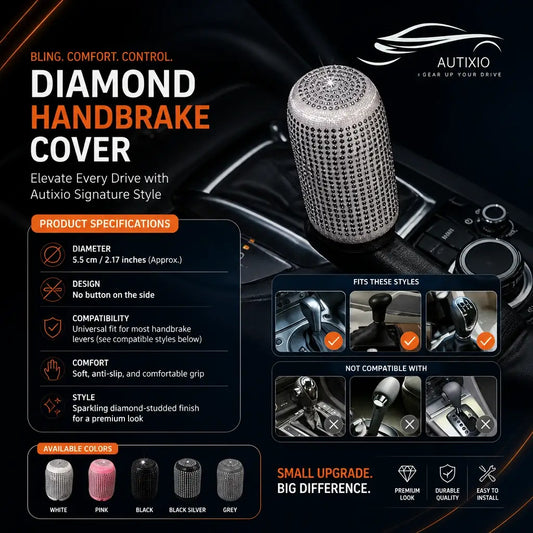 Bling diamond plush handbrake and gear shift cover 2pc set silver white infographic showing 5.5cm diameter universal fit soft grip sparkling finish compatible handbrake styles and available colors