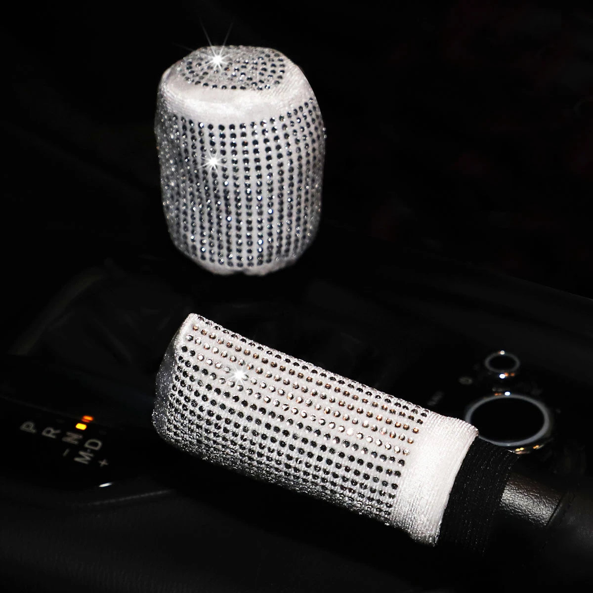 White silver plush bling diamond rhinestone handbrake and gear shift cover 2pc set sparkling in dark car interior
