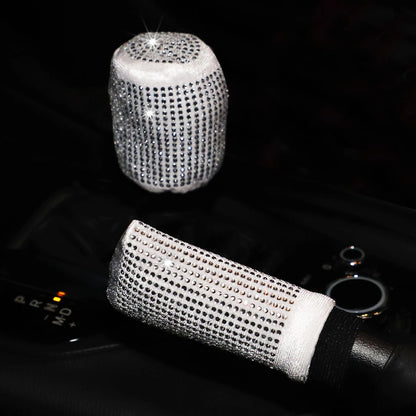 White silver plush bling diamond rhinestone handbrake and gear shift cover 2pc set sparkling in dark car interior