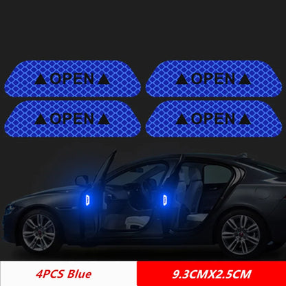 Set of 4 blue reflective car door warning stickers labeled OPEN to improve night driving visibility and safety