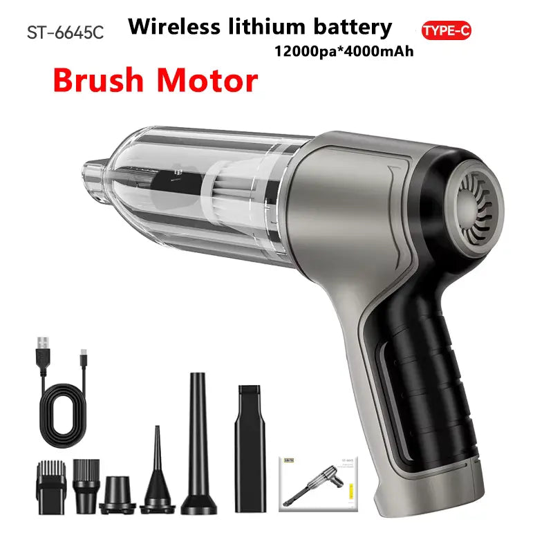 Handheld vacuum cleaner with brush motor and wireless lithium battery, including attachments.