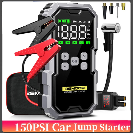 BSMOOM 150 PSI car jump starter with integrated air compressor, battery clamps, case, and inflation nozzles