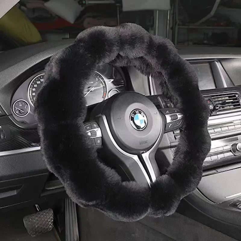 Black bubble fleece steering wheel cover on BMW – fluffy plush winter sleeve universal fit