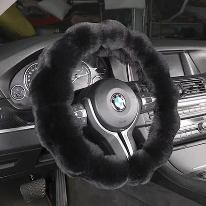 Black bubble fleece steering wheel cover on BMW – fluffy plush winter sleeve universal fit