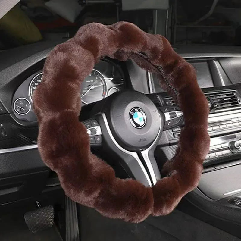 Coffee brown bubble fleece steering wheel cover on BMW – warm woolen winter sleeve universal fit