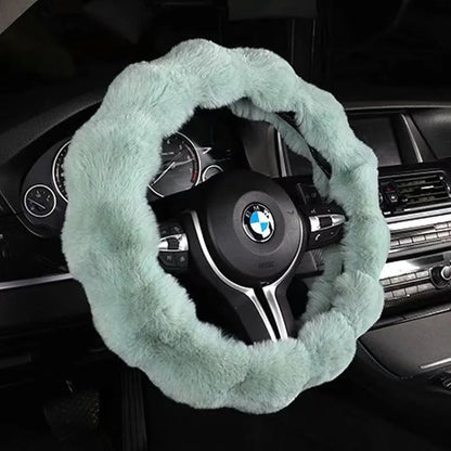Green bubble fleece steering wheel cover on BMW – soft woolen winter sleeve universal fit