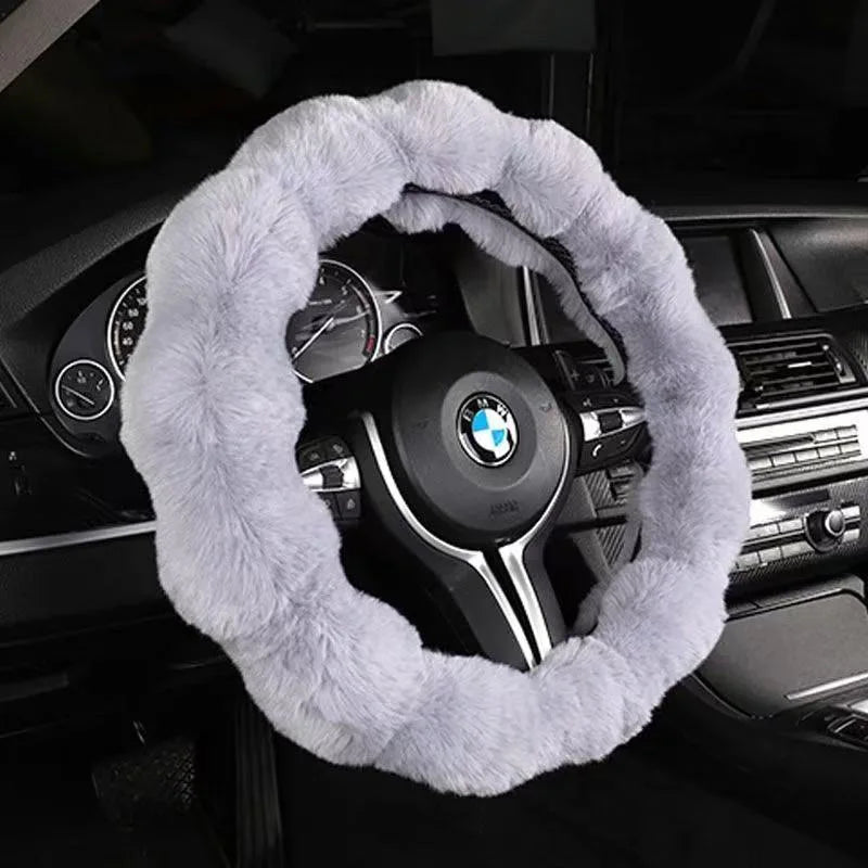 Grey bubble fleece steering wheel cover on BMW – soft woolen winter sleeve universal fit