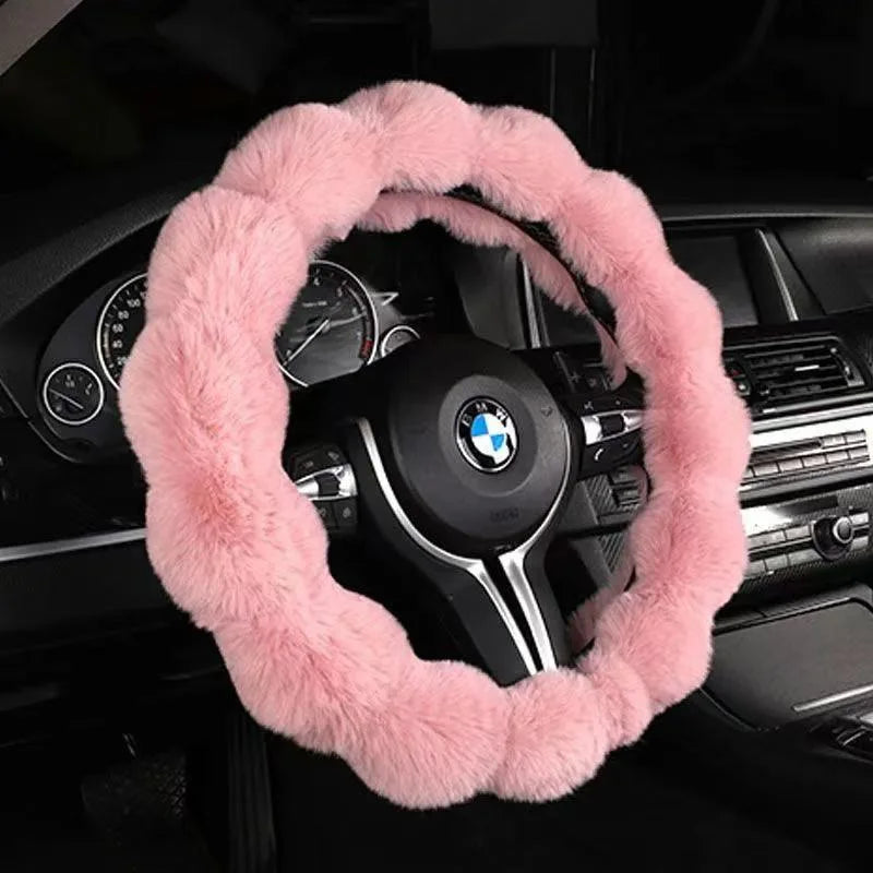 Pink bubble fleece steering wheel cover on BMW – fluffy plush winter sleeve universal fit