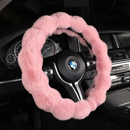 Pink bubble fleece steering wheel cover on BMW – fluffy plush winter sleeve universal fit