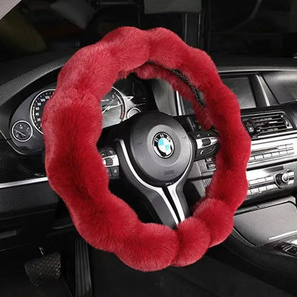 Red bubble fleece steering wheel cover on BMW – fluffy plush winter sleeve universal fit