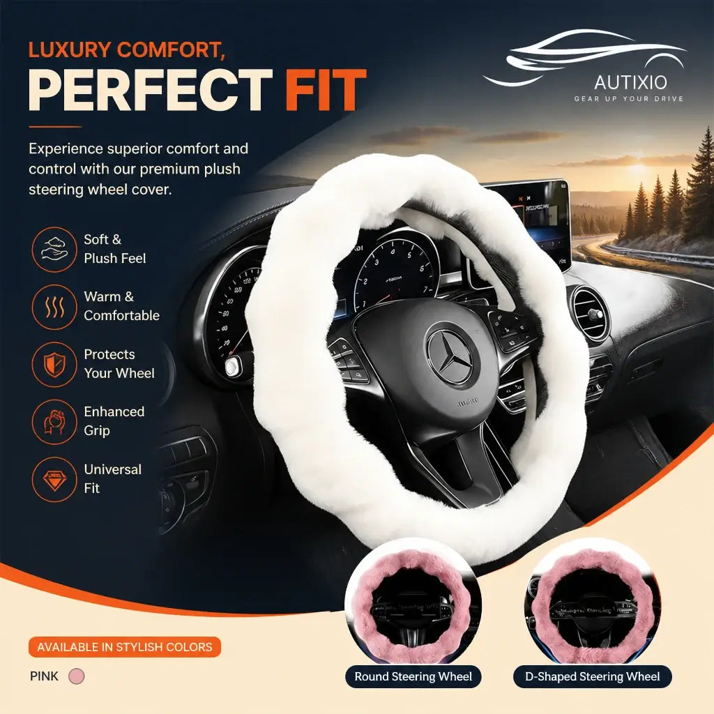 White bubble fleece steering wheel cover on Mercedes – fits round and D-shaped steering wheels