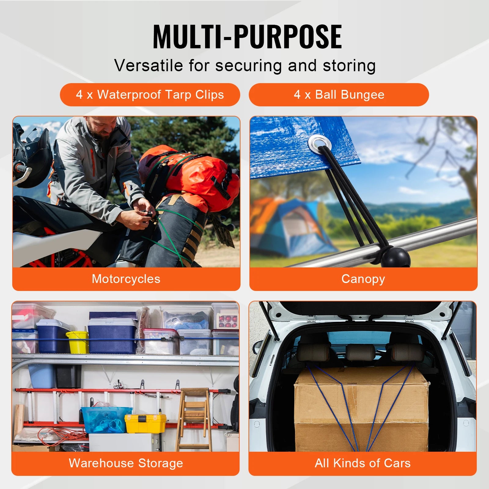 Bungee cord kit used for motorcycles, canopy tents, warehouse storage, and car trunk cargo securing