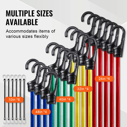 Bungee cord kit showing 32-piece set in 6 sizes including 10in, 24in, 32in, 40in, and 48in with hooks