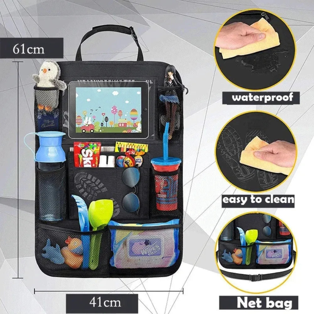 Front view of back seat organizer showing tablet holder and multiple pockets